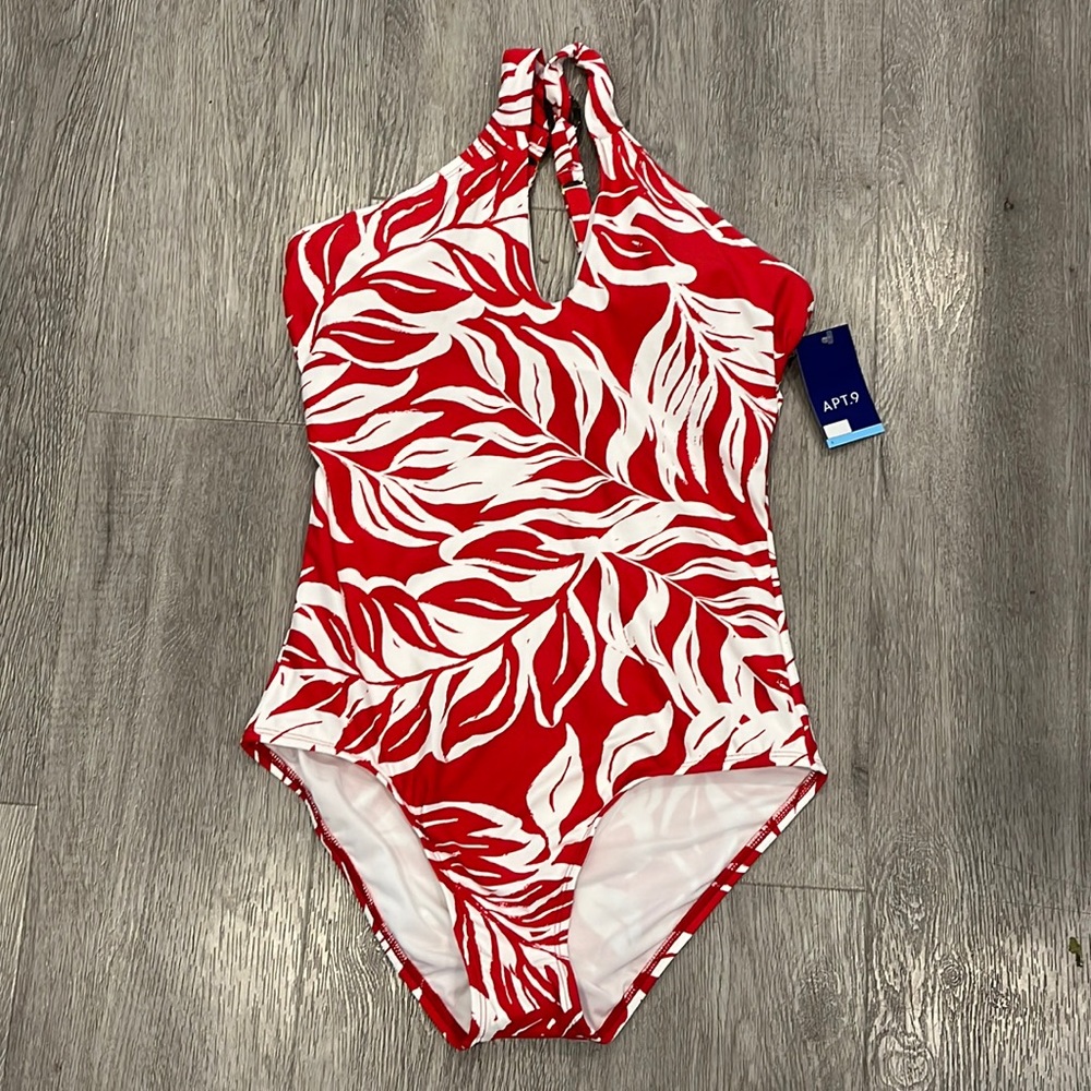 NWT APT 9 Swimsuit Red and White Leaf Floral Halter One Piece